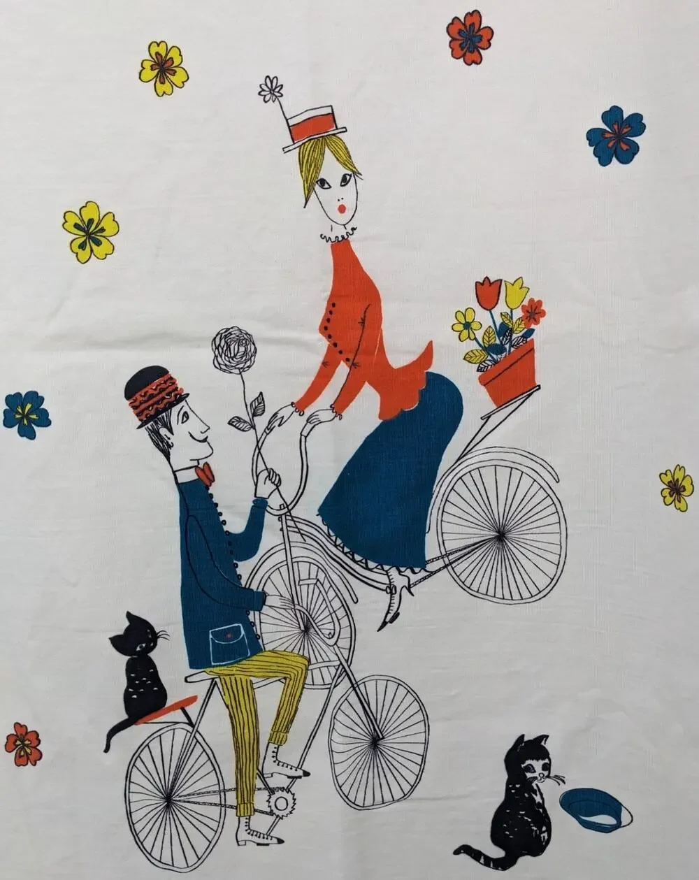 3 5/8 Yds Vintage 60's AMERITEX COTTON FABRIC Victorian Courting Couple Bicycles